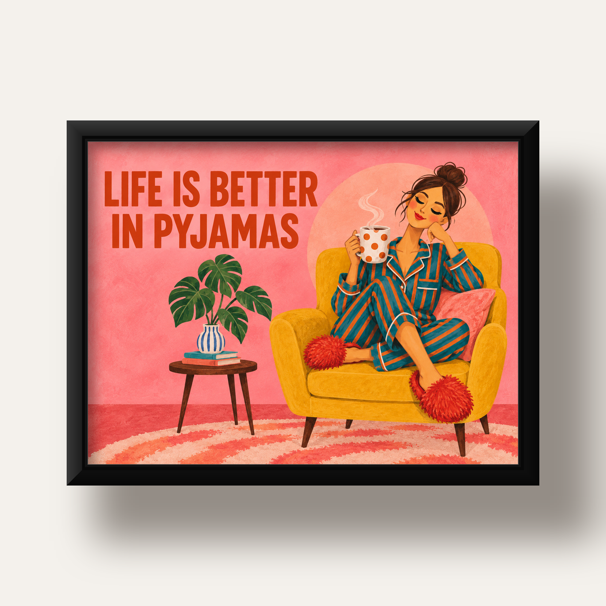 Pembe Arka Planlı Pijamalı Kadın Modern Poster — siyah derin çerçeveli