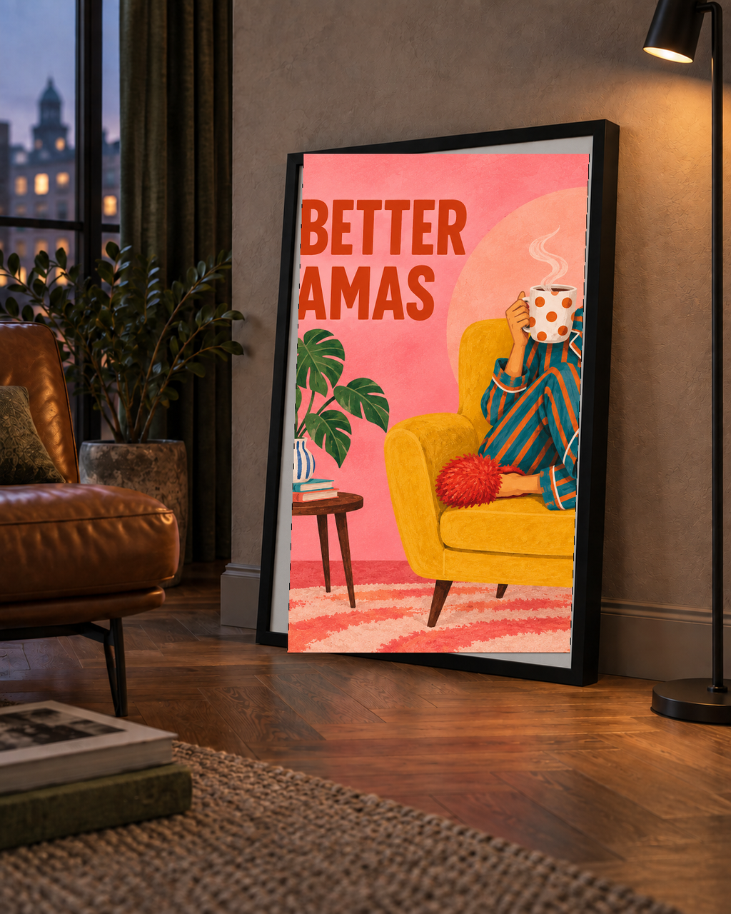 Pembe Arka Planlı Pijamalı Kadın Modern Poster