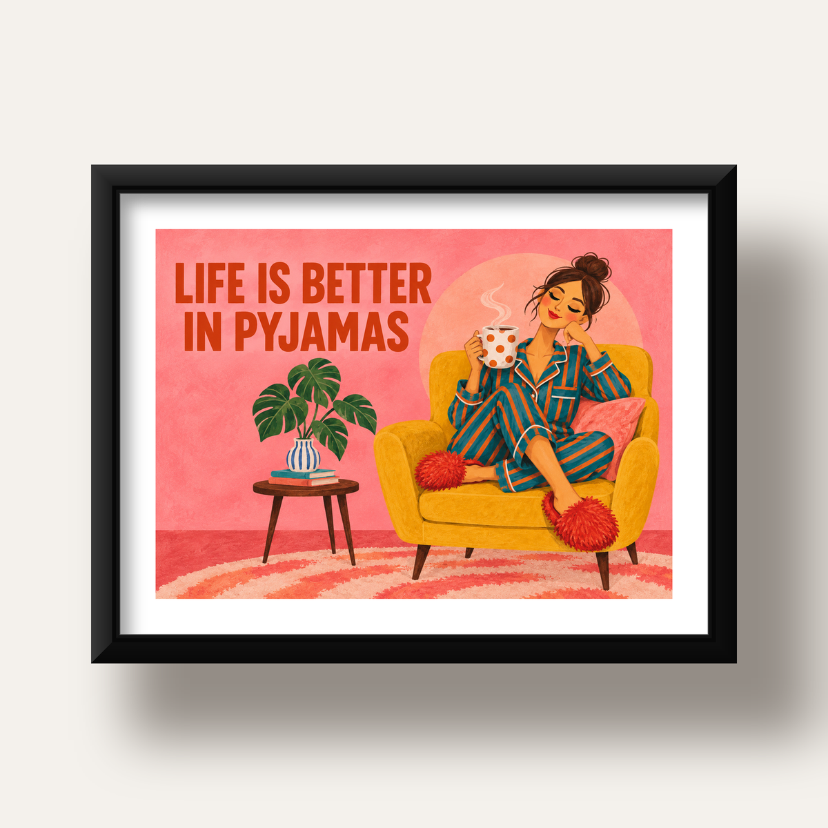 Pembe Arka Planlı Pijamalı Kadın Modern Poster — siyah derin çerçeveli paspartulu