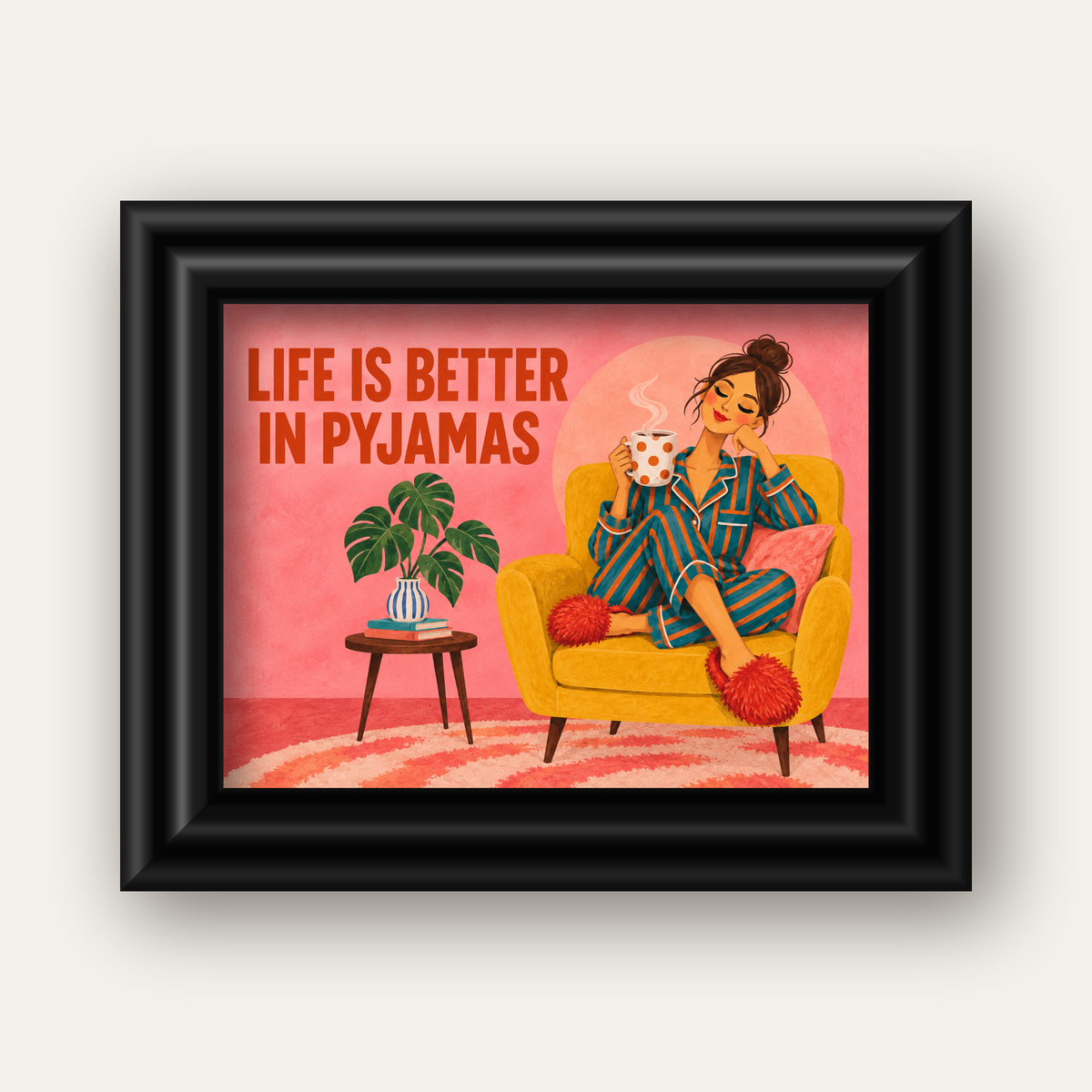 Pembe Arka Planlı Pijamalı Kadın Modern Poster — siyah galeri çerçeveli