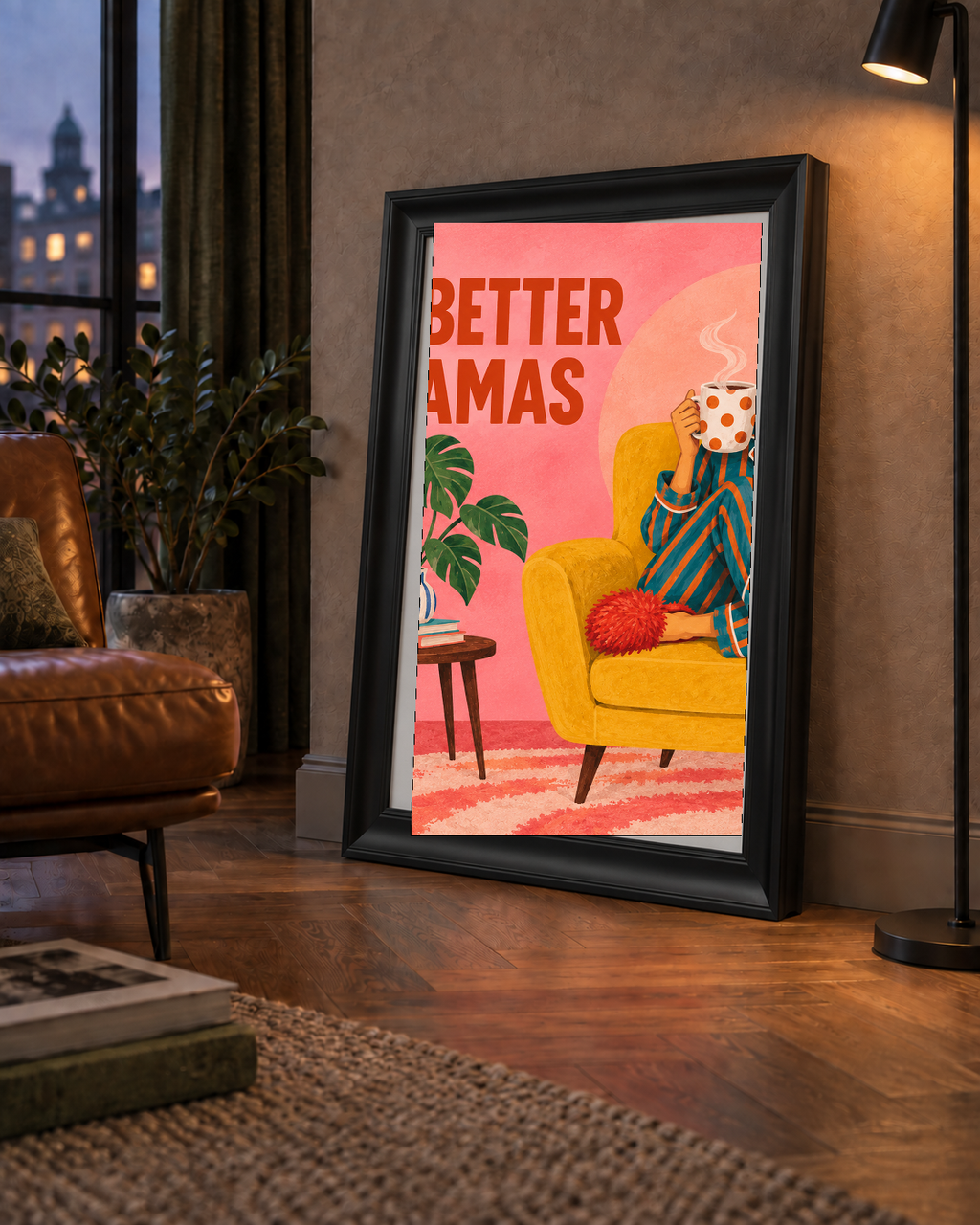 Pembe Arka Planlı Pijamalı Kadın Modern Poster