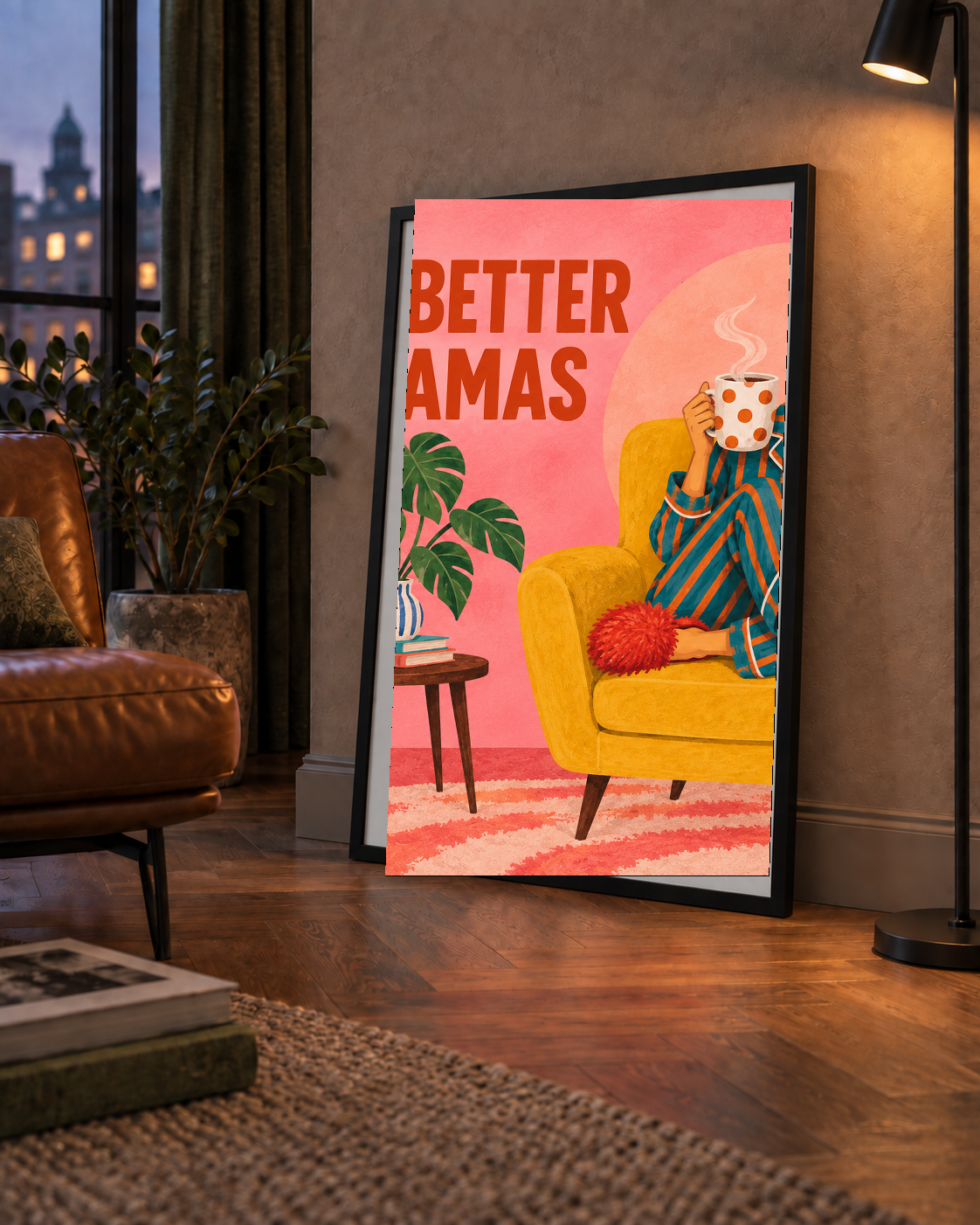 Pembe Arka Planlı Pijamalı Kadın Modern Poster