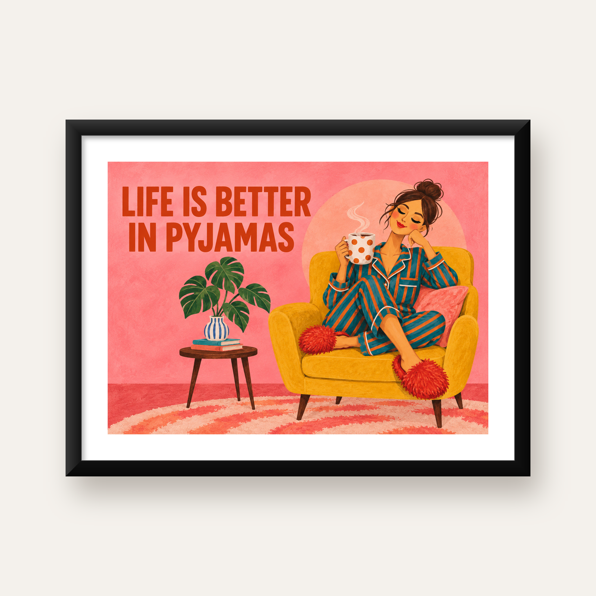Pembe Arka Planlı Pijamalı Kadın Modern Poster — Yatay baskı, beyaz paspartulu