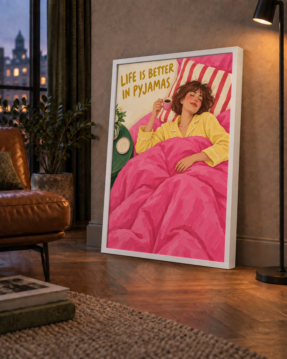 Pijamalı Rahat Sabah: Sıcak ve Renkli İllüstrasyon Poster — çerçeveli hâliyle bir ev duvarında