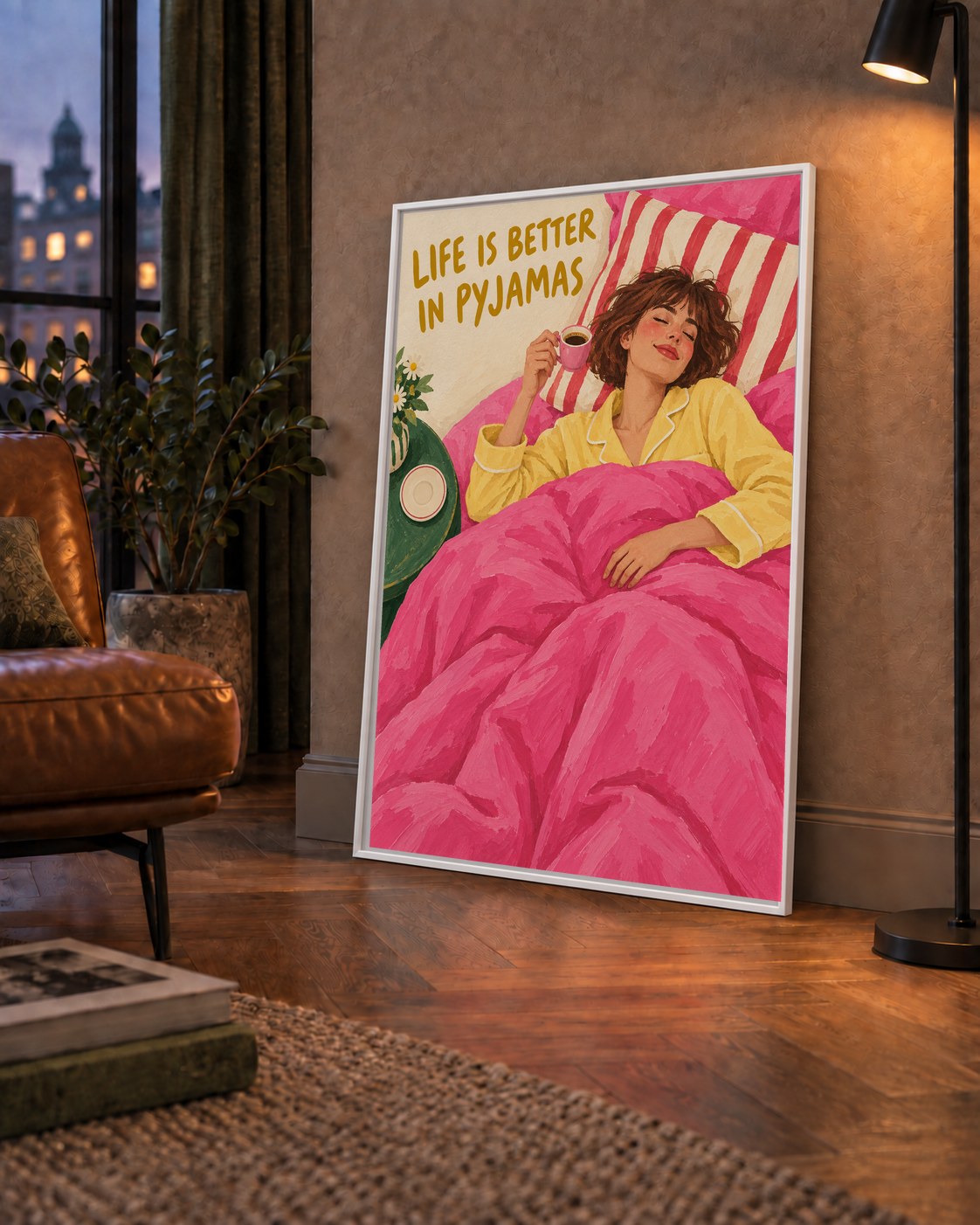 Pijamalı Rahat Sabah: Sıcak ve Renkli İllüstrasyon Poster — çerçeveli hâliyle bir ev duvarında