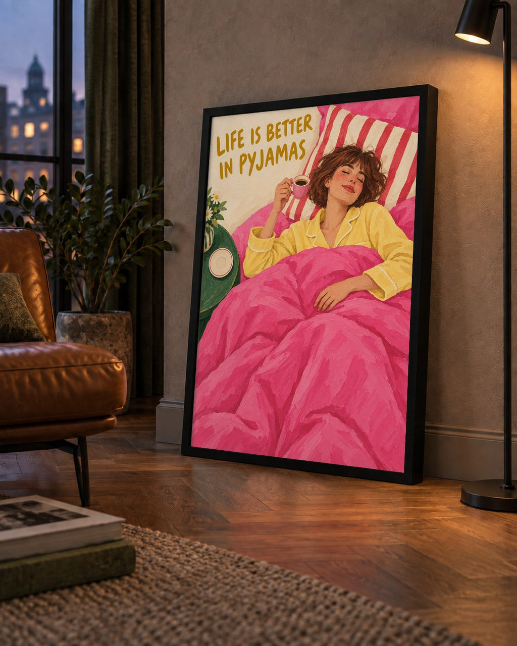 Pijamalı Rahat Sabah: Sıcak ve Renkli İllüstrasyon Poster — çerçeveli hâliyle bir ev duvarında