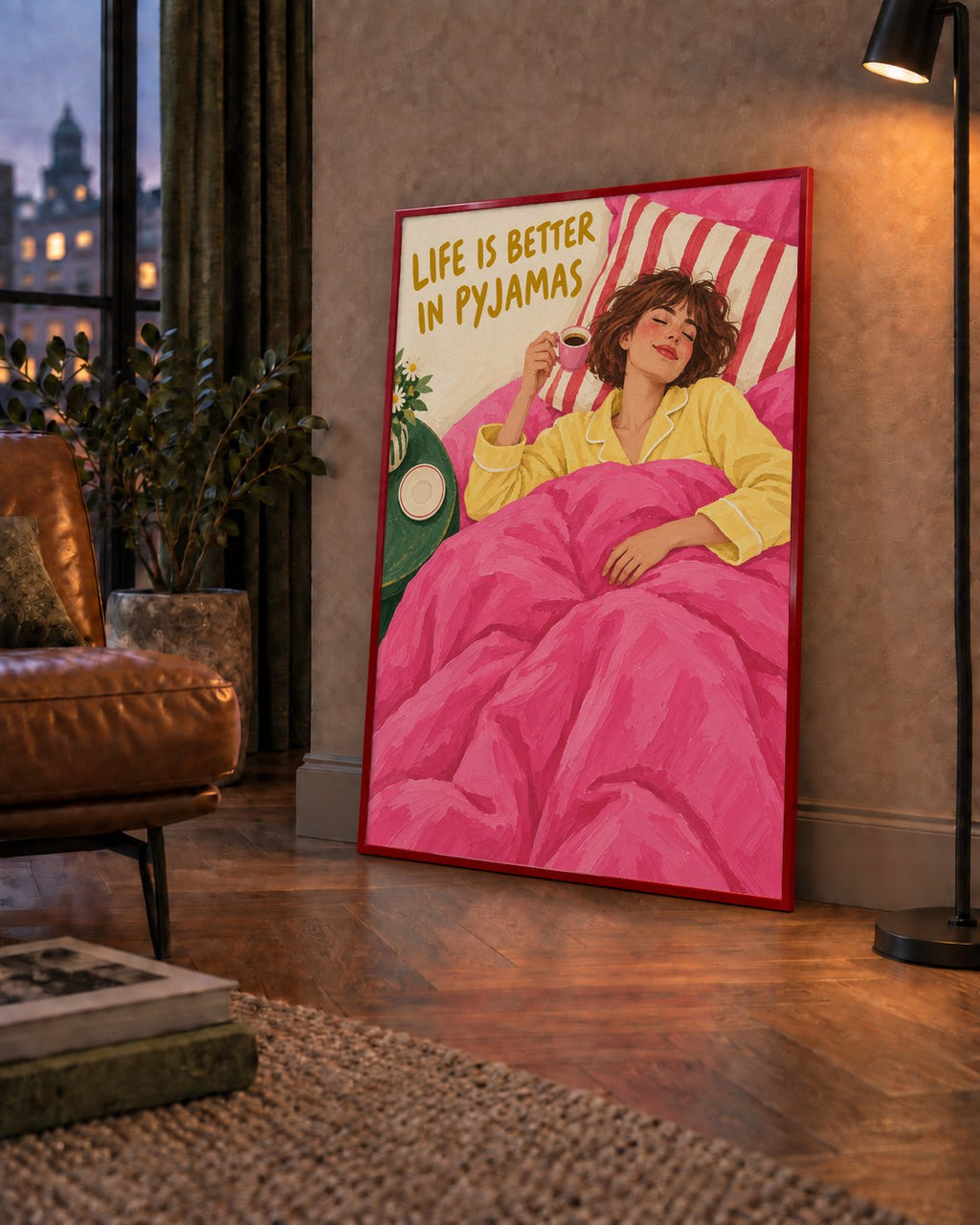 Pijamalı Rahat Sabah: Sıcak ve Renkli İllüstrasyon Poster — çerçeveli hâliyle bir ev duvarında