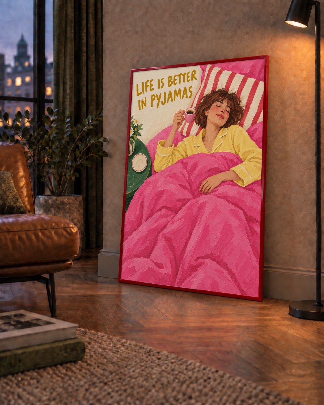 Pijamalı Rahat Sabah: Sıcak ve Renkli İllüstrasyon Poster — çerçeveli hâliyle bir ev duvarında