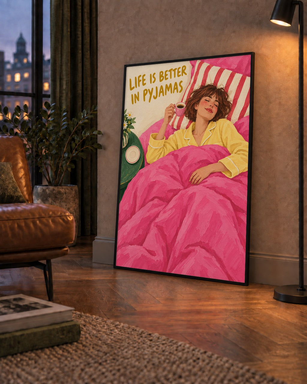 Pijamalı Rahat Sabah: Sıcak ve Renkli İllüstrasyon Poster — çerçeveli hâliyle bir ev duvarında