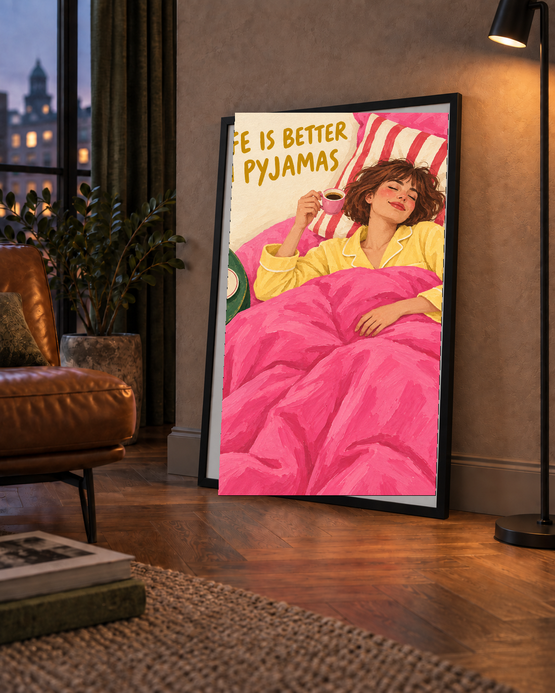 Pijamalı Rahat Sabah: Sıcak ve Renkli İllüstrasyon Poster