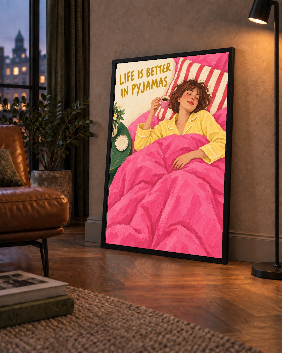Pijamalı Rahat Sabah: Sıcak ve Renkli İllüstrasyon Poster