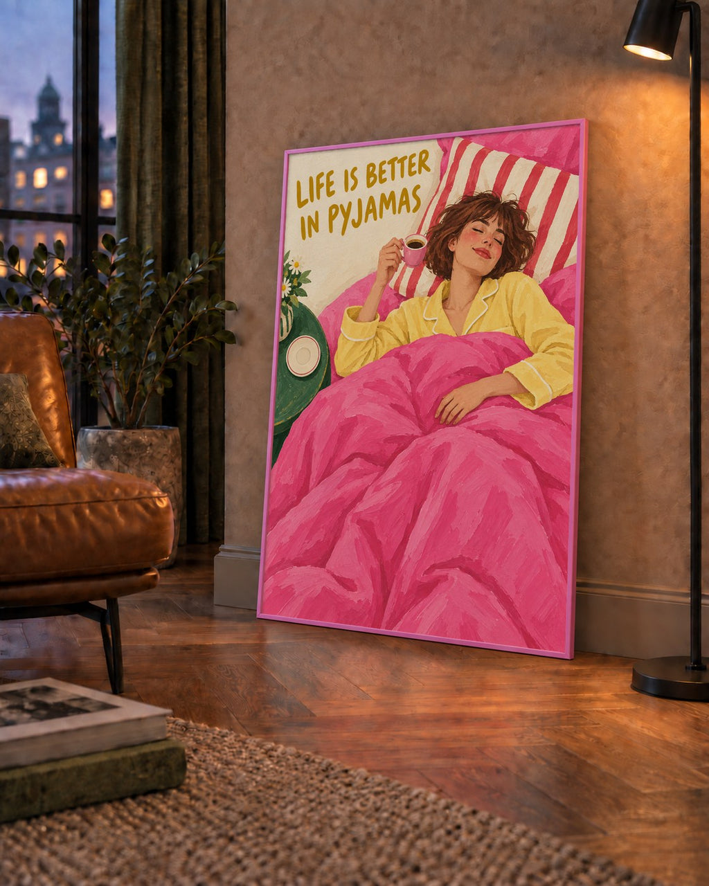 Pijamalı Rahat Sabah: Sıcak ve Renkli İllüstrasyon Poster — çerçeveli hâliyle bir ev duvarında