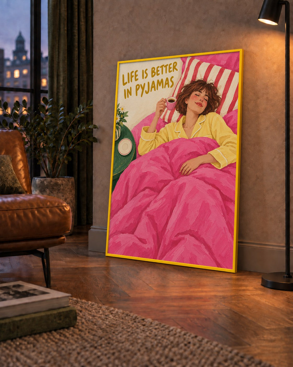 Pijamalı Rahat Sabah: Sıcak ve Renkli İllüstrasyon Poster — çerçeveli hâliyle bir ev duvarında