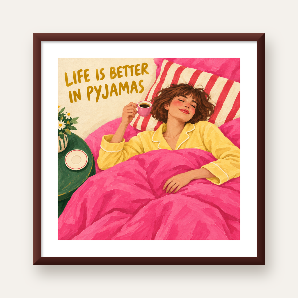 Pijamalı Rahat Sabah: Sıcak ve Renkli İllüstrasyon Poster — ceviz çerçeveli paspartulu