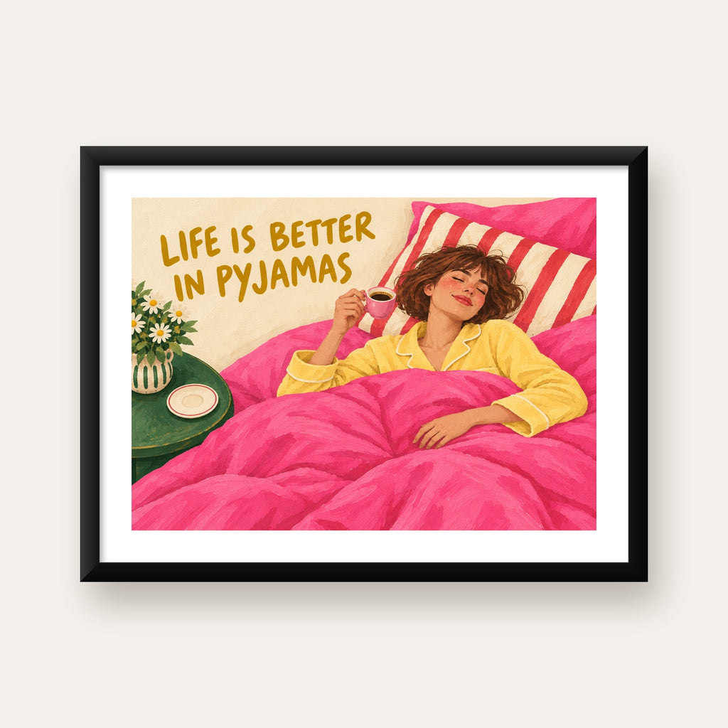 Pijamalı Rahat Sabah: Sıcak ve Renkli İllüstrasyon Poster — Yatay baskı, beyaz paspartulu