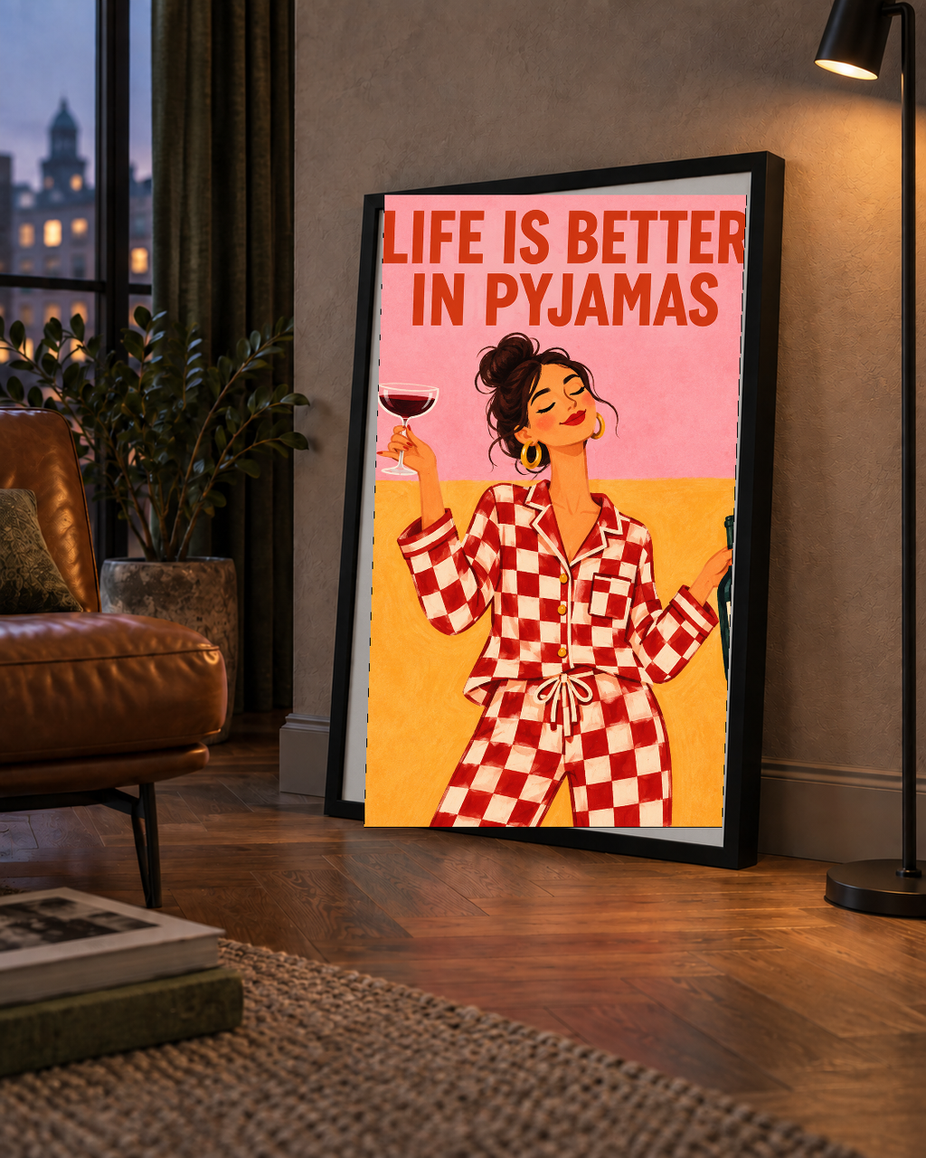 Kareli Pijama ve Şaraplı Renkli Poster – Life is Better in Pyjamas