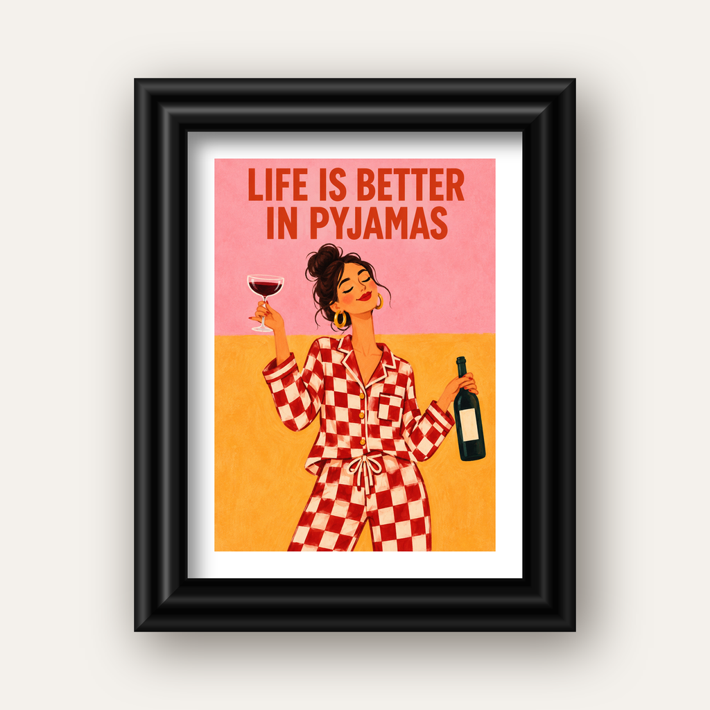 Kareli Pijama ve Şaraplı Renkli Poster – Life is Better in Pyjamas — siyah galeri çerçeveli paspartulu