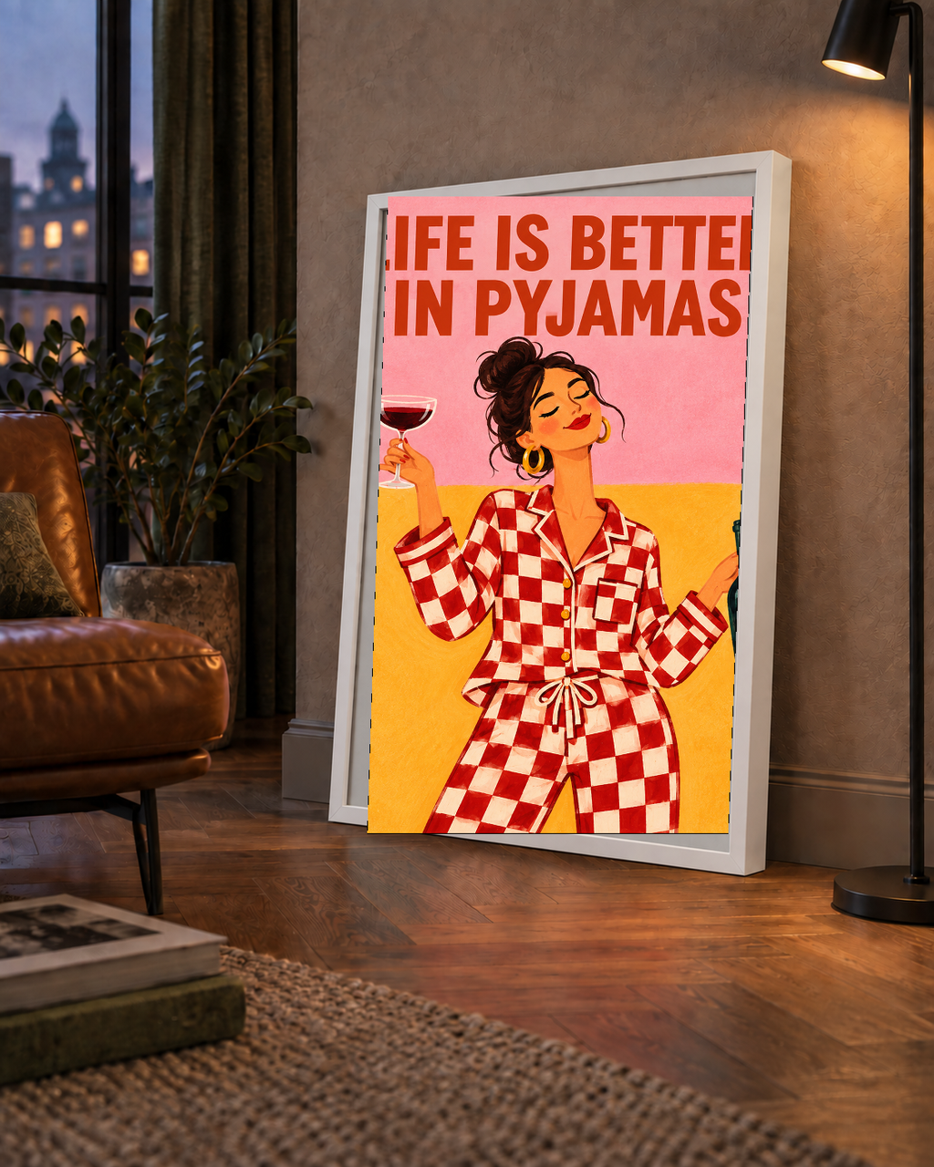 Kareli Pijama ve Şaraplı Renkli Poster – Life is Better in Pyjamas
