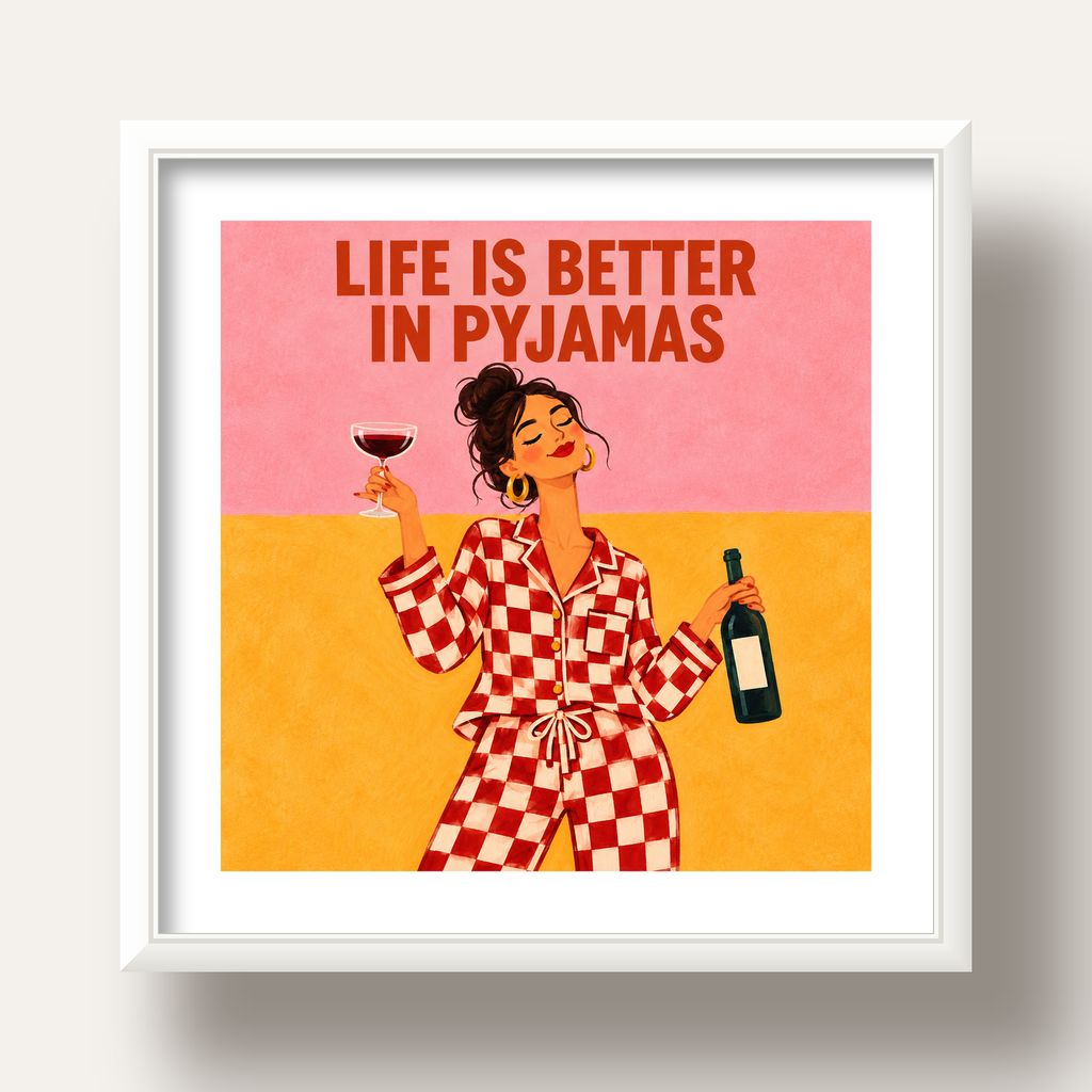Kareli Pijama ve Şaraplı Renkli Poster – Life is Better in Pyjamas — beyaz derin çerçeveli paspartulu