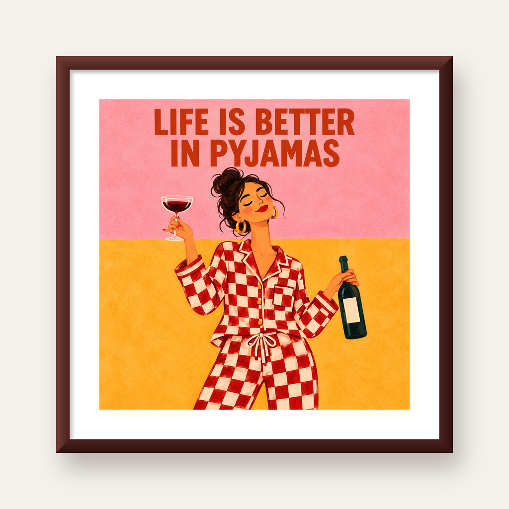 Kareli Pijama ve Şaraplı Renkli Poster – Life is Better in Pyjamas — ceviz çerçeveli paspartulu