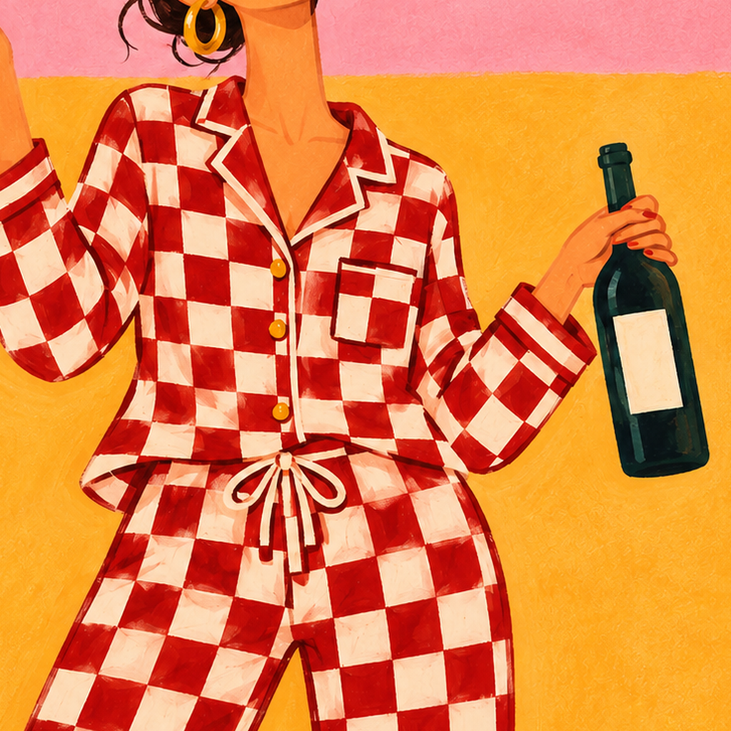 Kareli Pijama ve Şaraplı Renkli Poster – Life is Better in Pyjamas — baskının yakın çekimi, kâğıt dokusu ve renk detayı