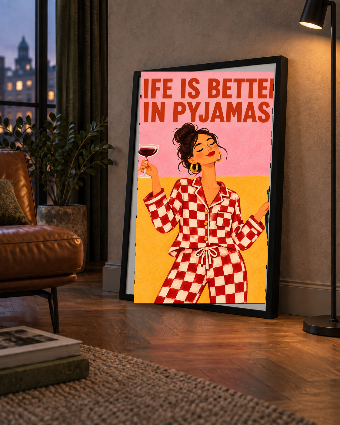 Kareli Pijama ve Şaraplı Renkli Poster – Life is Better in Pyjamas