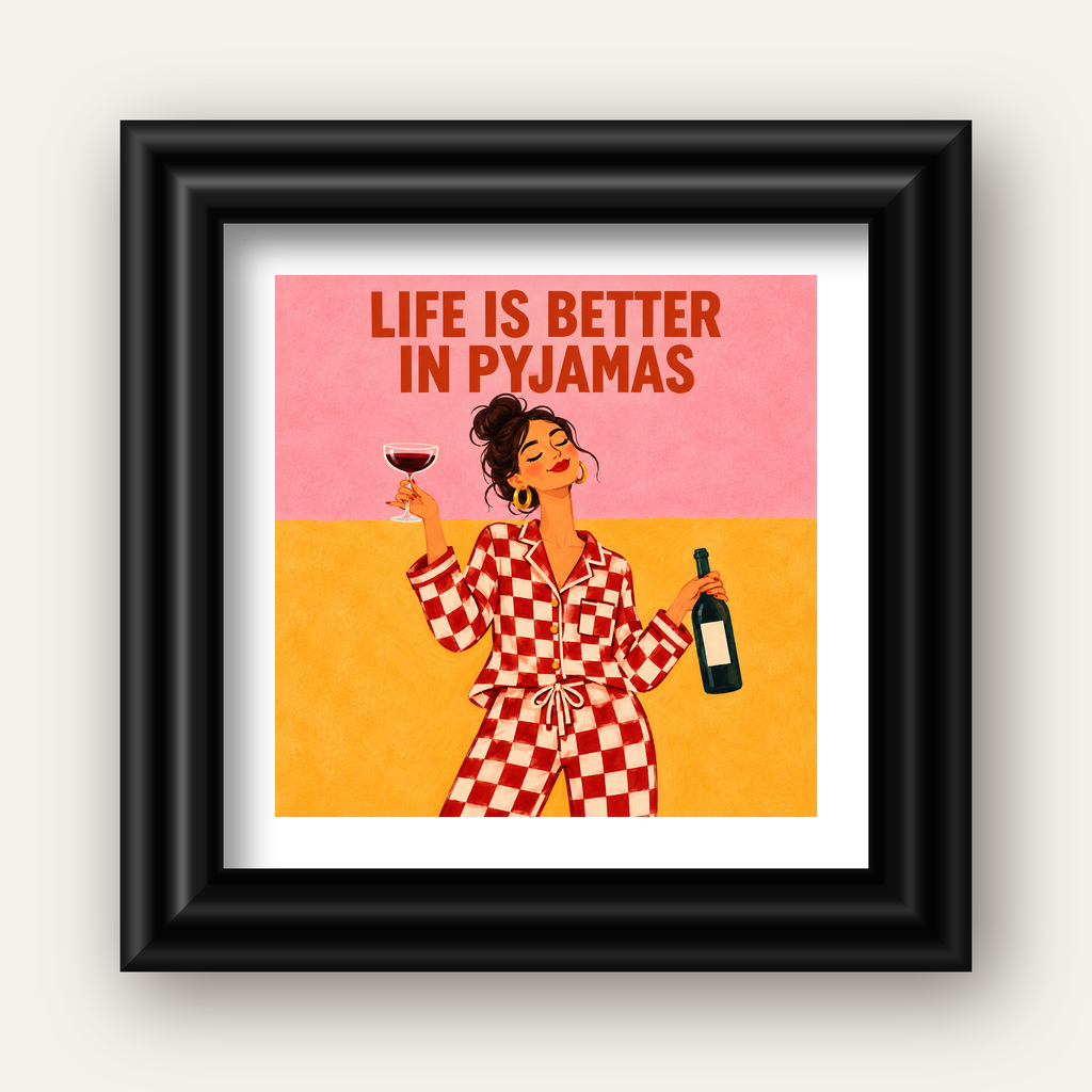 Kareli Pijama ve Şaraplı Renkli Poster – Life is Better in Pyjamas — siyah galeri çerçeveli paspartulu