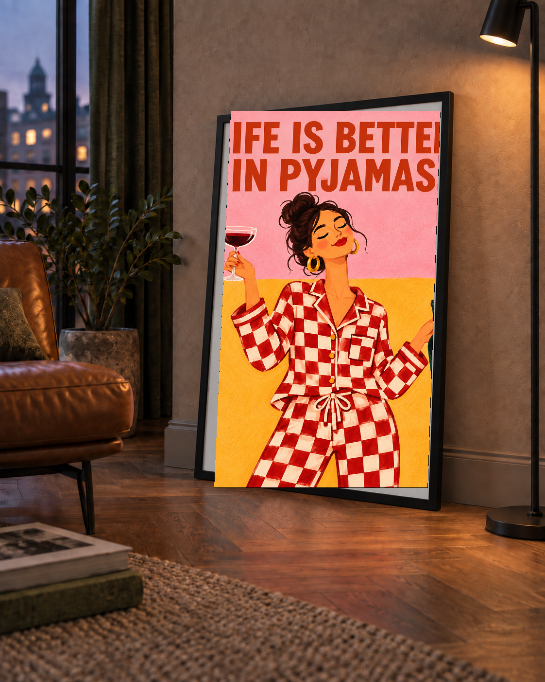 Kareli Pijama ve Şaraplı Renkli Poster – Life is Better in Pyjamas