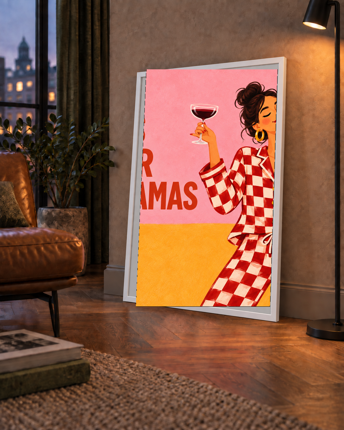 Kareli Pijama ve Şaraplı Renkli Poster – Life is Better in Pyjamas