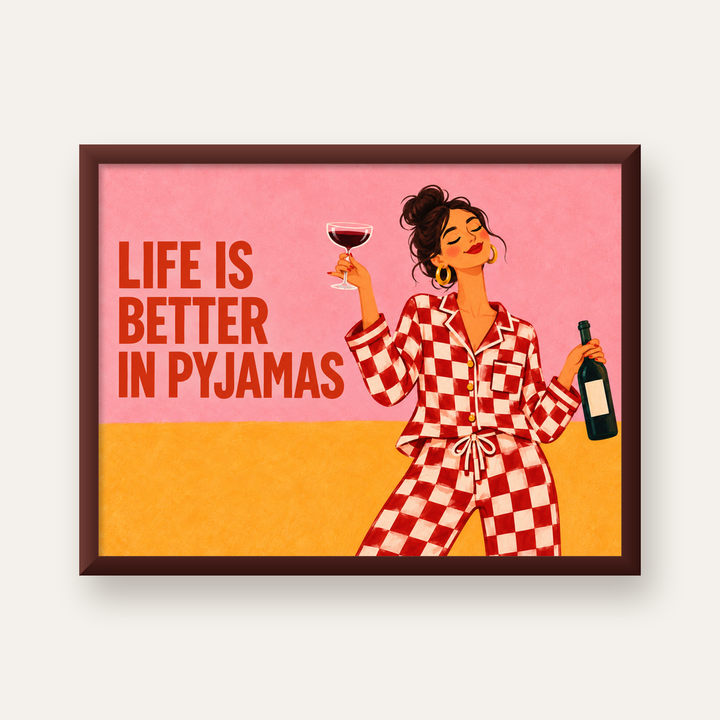 Kareli Pijama ve Şaraplı Renkli Poster – Life is Better in Pyjamas — ceviz çerçeveli