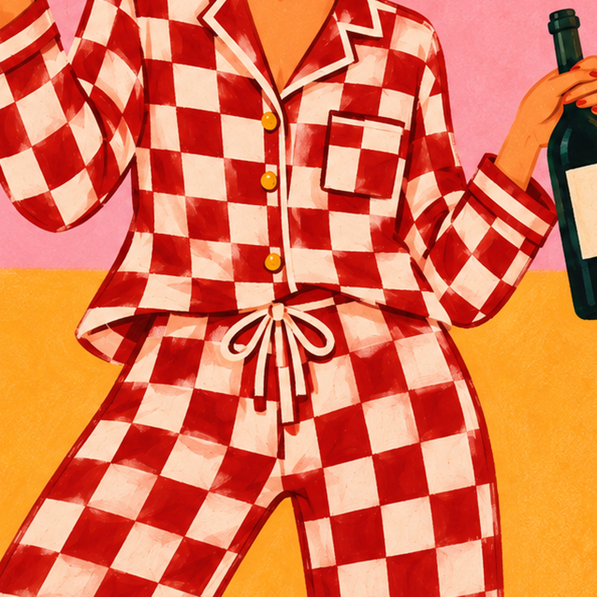 Kareli Pijama ve Şaraplı Renkli Poster – Life is Better in Pyjamas — baskının yakın çekimi, kâğıt dokusu ve renk detayı