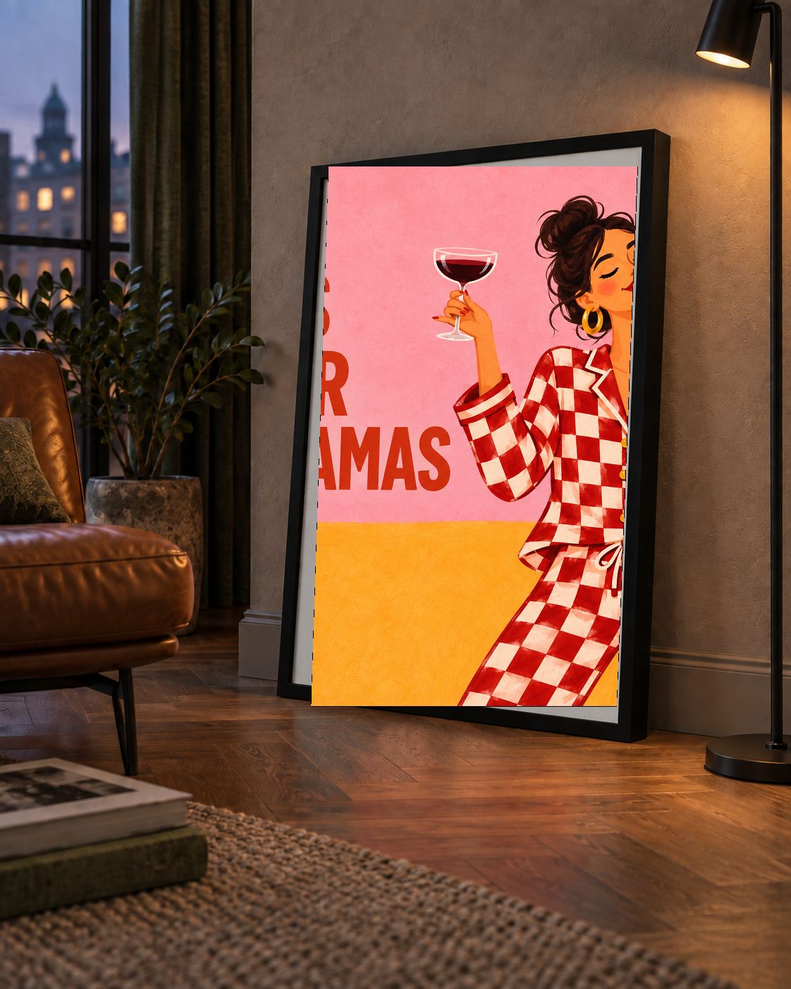 Kareli Pijama ve Şaraplı Renkli Poster – Life is Better in Pyjamas