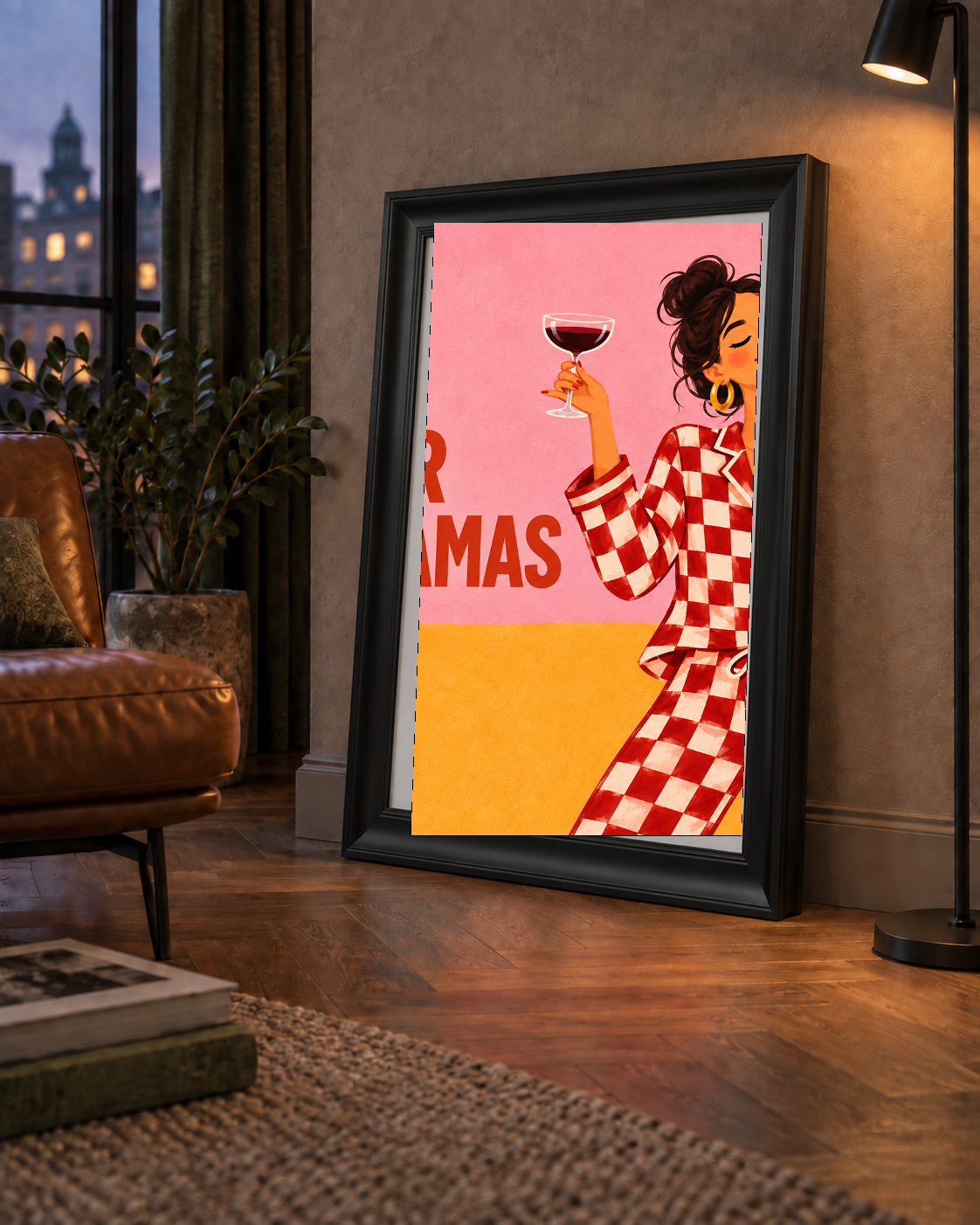 Kareli Pijama ve Şaraplı Renkli Poster – Life is Better in Pyjamas