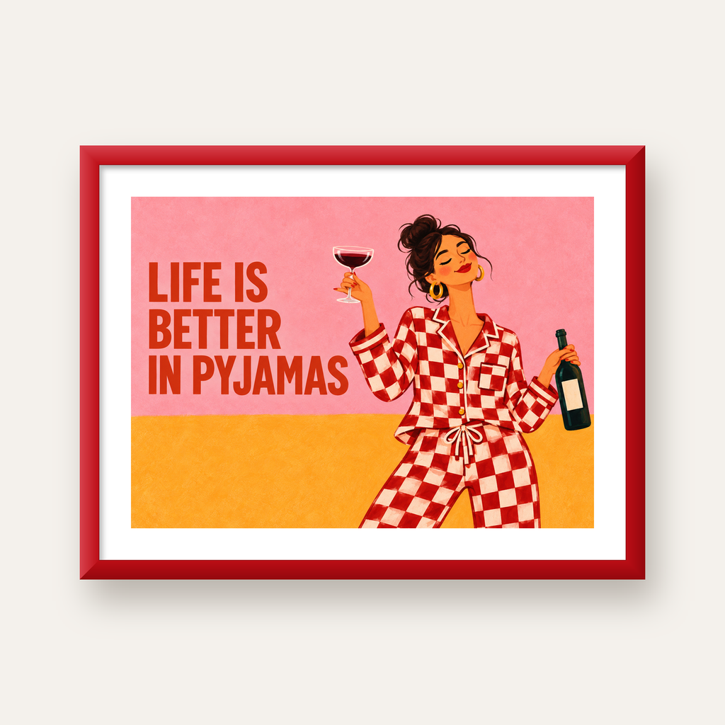 Kareli Pijama ve Şaraplı Renkli Poster – Life is Better in Pyjamas — kırmızı çerçeveli paspartulu