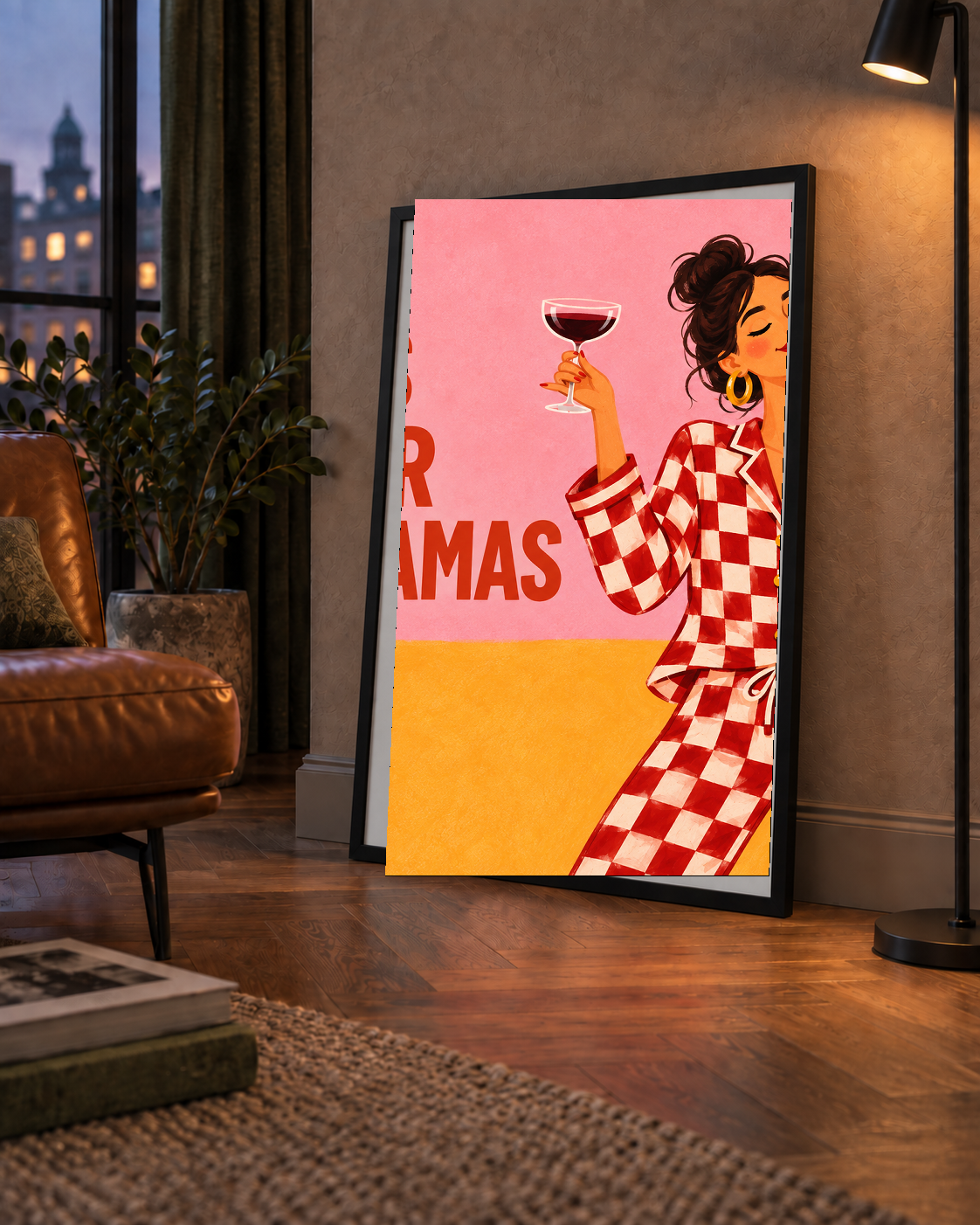 Kareli Pijama ve Şaraplı Renkli Poster – Life is Better in Pyjamas
