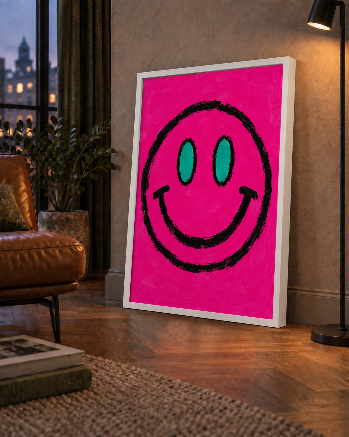 Pembe Zeminli Modern Gülümseyen Yüz Poster — çerçeveli hâliyle bir ev duvarında