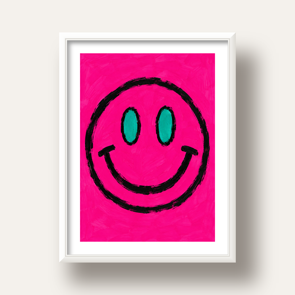 Pembe Zeminli Modern Gülümseyen Yüz Poster — beyaz derin çerçeveli paspartulu