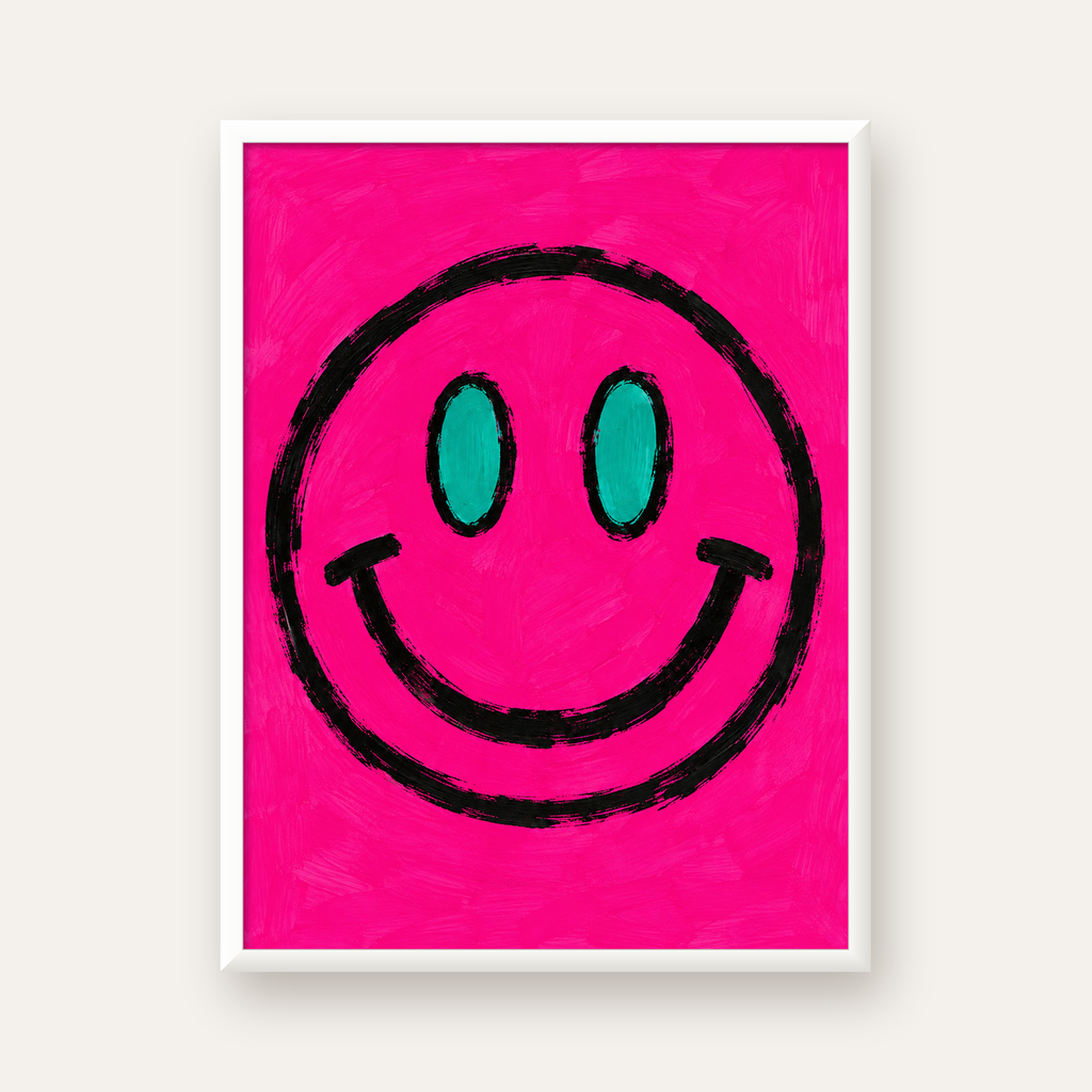 Pembe Zeminli Modern Gülümseyen Yüz Poster — beyaz çerçeveli dikey poster
