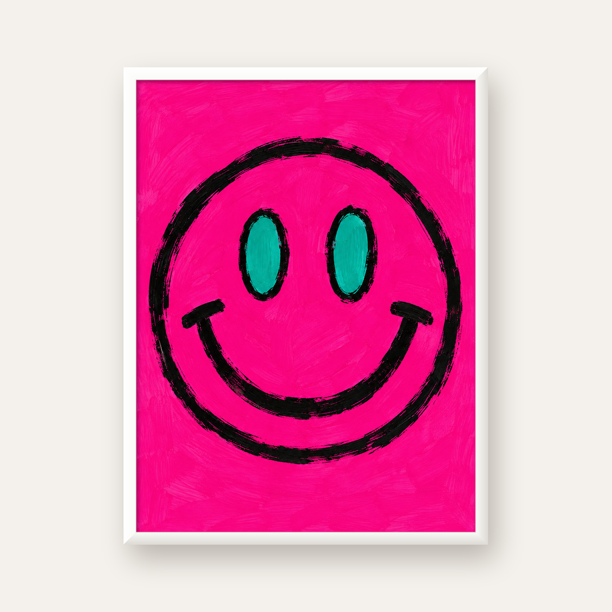 Pembe Zeminli Modern Gülümseyen Yüz Poster — beyaz çerçeveli dikey poster