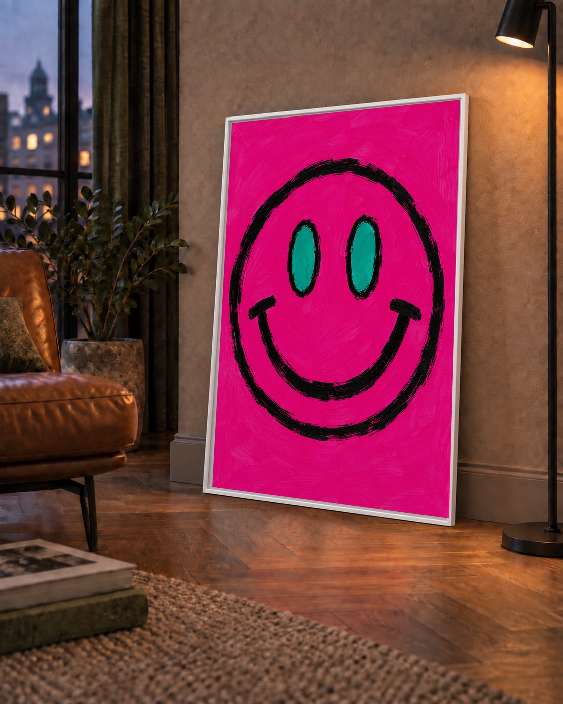 Pembe Zeminli Modern Gülümseyen Yüz Poster — çerçeveli hâliyle bir ev duvarında