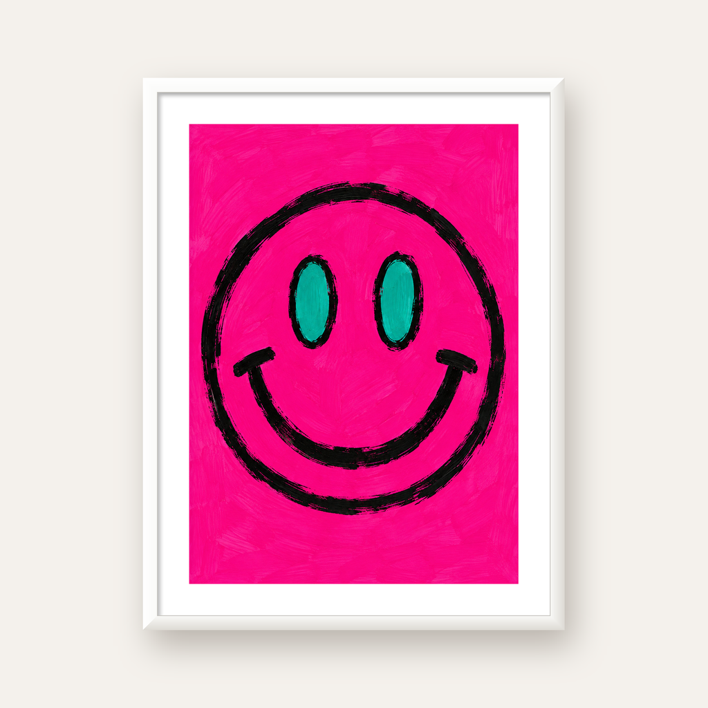 Pembe Zeminli Modern Gülümseyen Yüz Poster — beyaz çerçeveli dikey poster