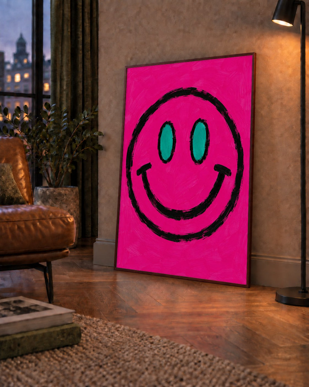 Pembe Zeminli Modern Gülümseyen Yüz Poster — çerçeveli hâliyle bir ev duvarında