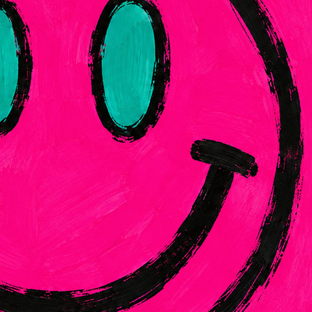 Pembe Zeminli Gülümseme Suratı Pop-Art Poster — baskının yakın çekimi, kâğıt dokusu ve renk detayı