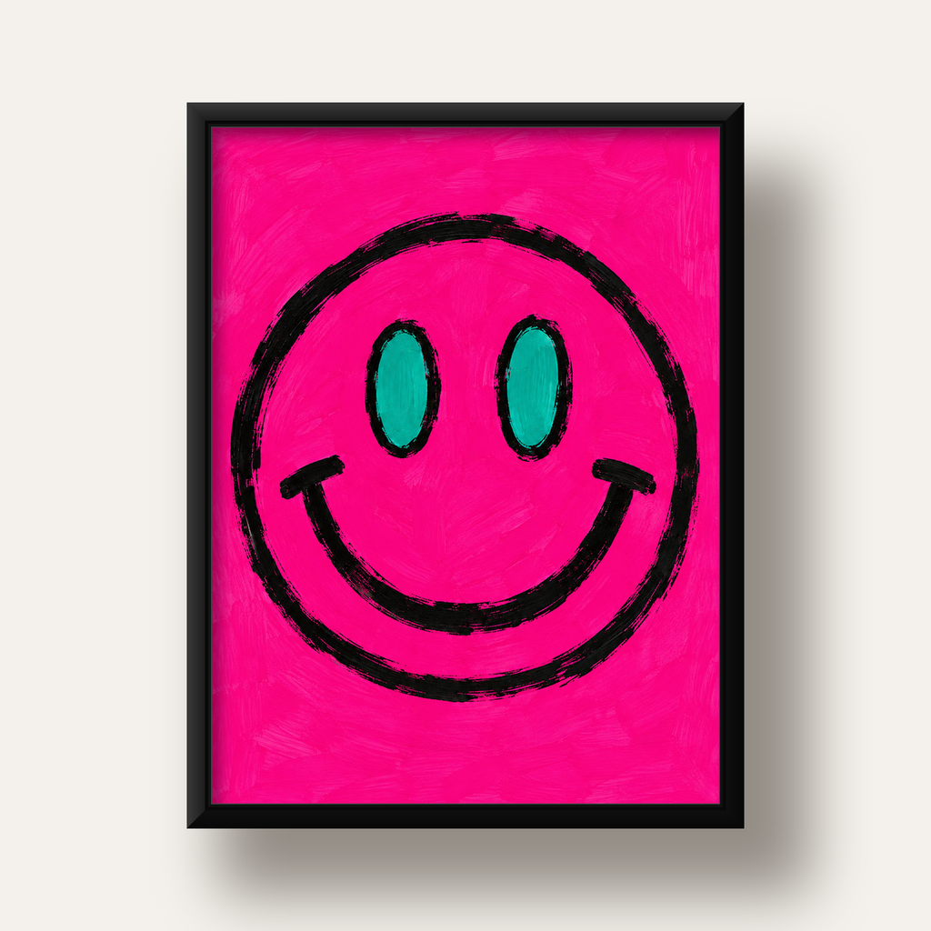 Pembe Zeminli Modern Gülümseyen Yüz Poster — siyah derin çerçeveli
