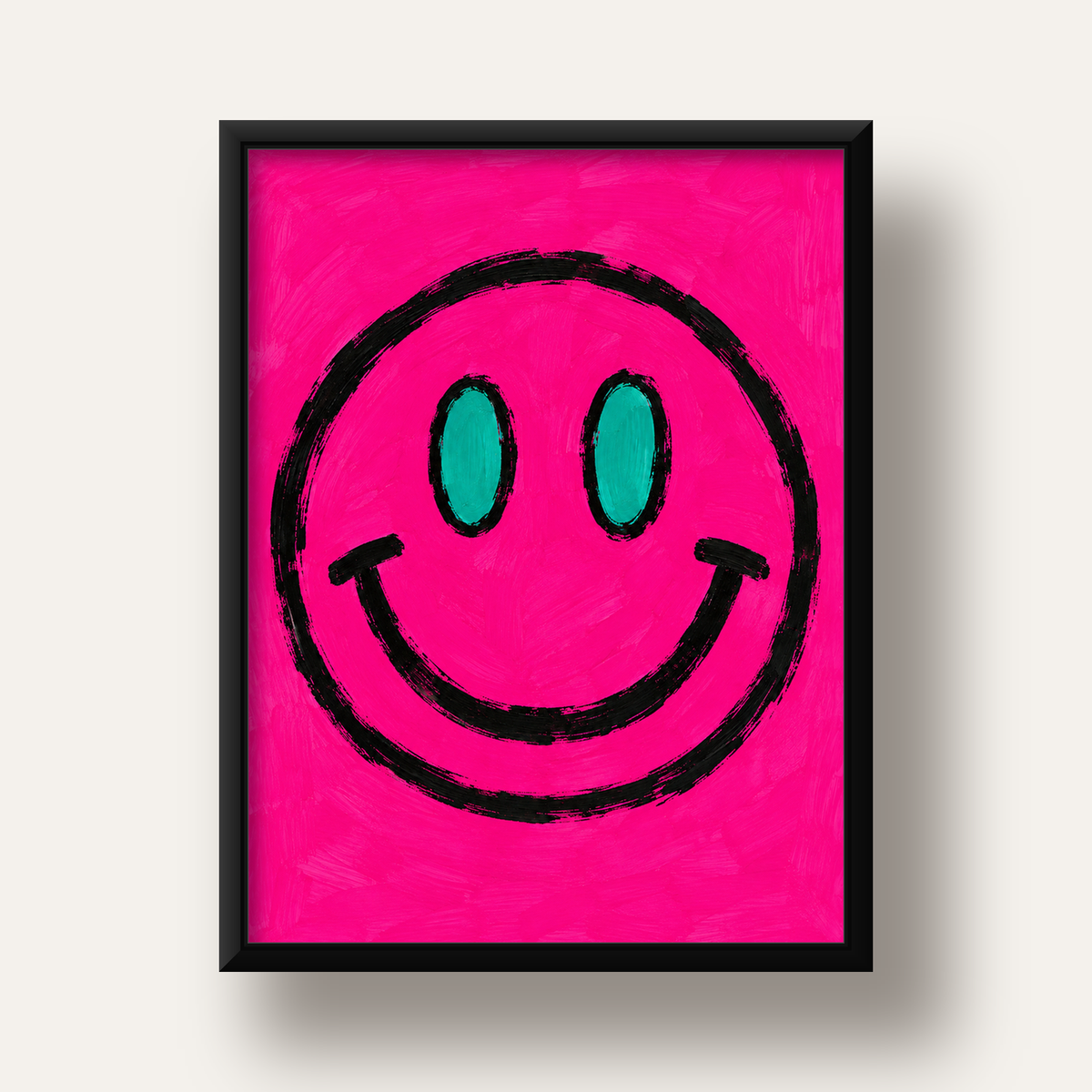 Pembe Zeminli Modern Gülümseyen Yüz Poster — siyah derin çerçeveli