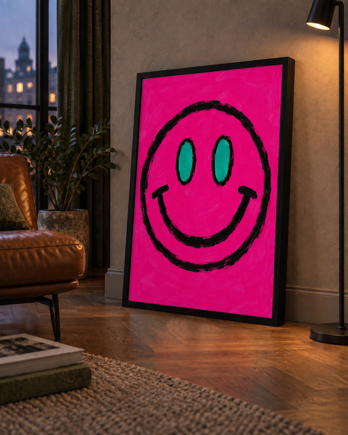 Pembe Zeminli Modern Gülümseyen Yüz Poster — çerçeveli hâliyle bir ev duvarında