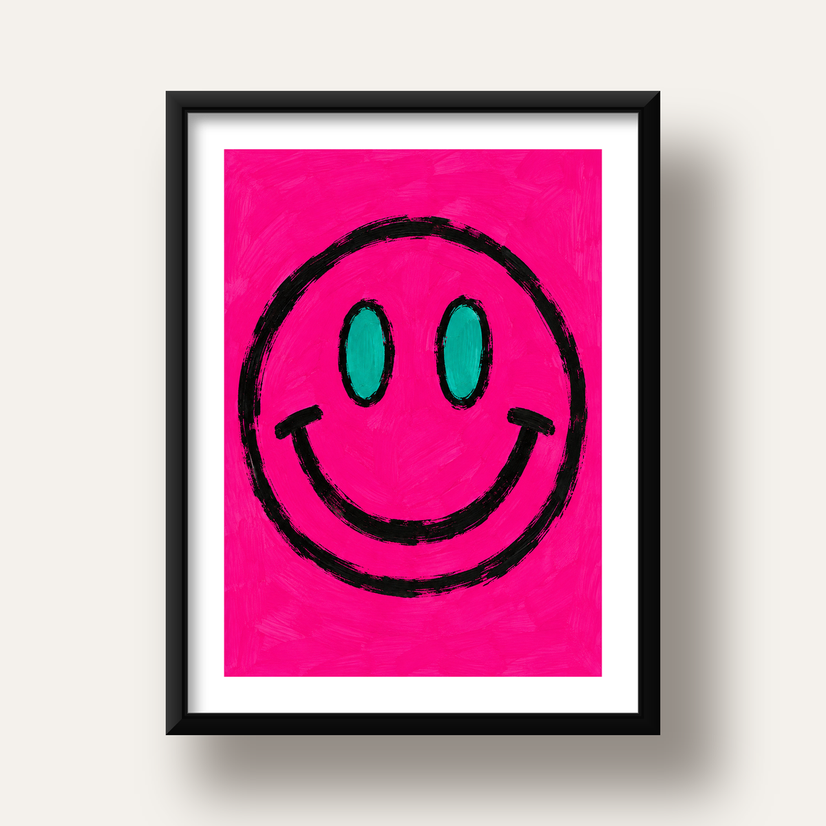 Pembe Zeminli Modern Gülümseyen Yüz Poster — siyah derin çerçeveli paspartulu