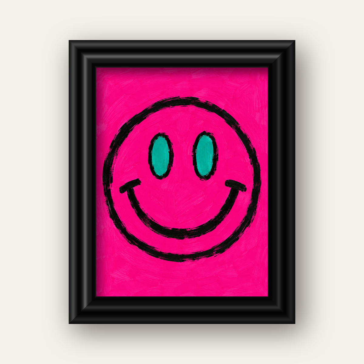 Pembe Zeminli Modern Gülümseyen Yüz Poster — siyah galeri çerçeveli