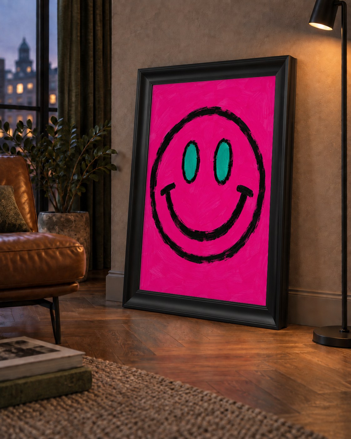 Pembe Zeminli Modern Gülümseyen Yüz Poster — çerçeveli hâliyle bir ev duvarında
