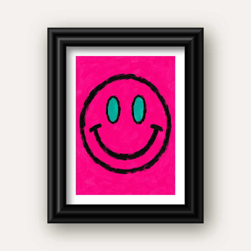 Pembe Zeminli Modern Gülümseyen Yüz Poster — siyah galeri çerçeveli paspartulu